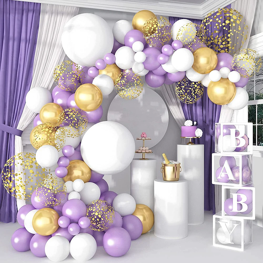 Pastel Purple White Balloons Garland Arch Kit Metallic Gold Confetti Ballon Wedding Baby Shower Birthday Party Anniversary Decor