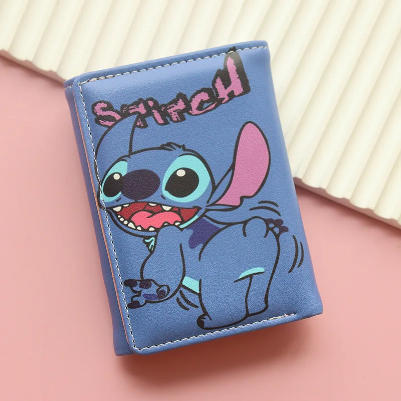 Cartera bonita de Stitch de Disney, billetera de 3 pliegues de película de dibujos animados, monedero para estudiante, tarjetero, tarjeta de identificación, tarjeta de comida, juguetes de regalo para niñas