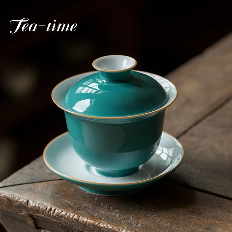 160ml Handmade Turquoise Green Glaze Tea Tureen Jingdezhen Ceramic Large Hand Grab Bow with Lid Tea Maker Gaiwan Kung Fu Tea Set