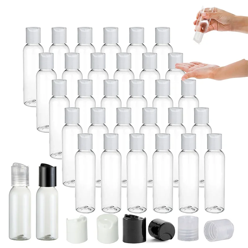 100PCS Plastic Squeeze Bottles with Disc Top Flip Cap 30-100ml Clear Refillable Containers for Shampoo Lotions Body Soap Creams