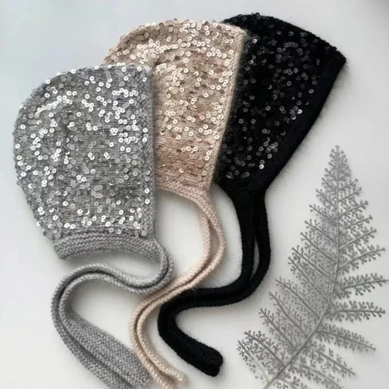 South Korean Designer Sequin Baotu Hat Women's Lovely Autumn Winter Ear Protection Lacing Face Small Artefact Knitted Line Hat