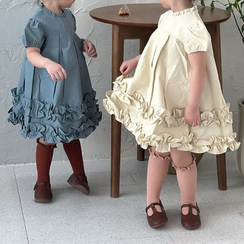 Summer Girls Simple Style Puff Sleeve Dress 2025 Cute and Exquisite Lotus Leaf Edge Kids A-Line Dresses Baby Girl Clothes