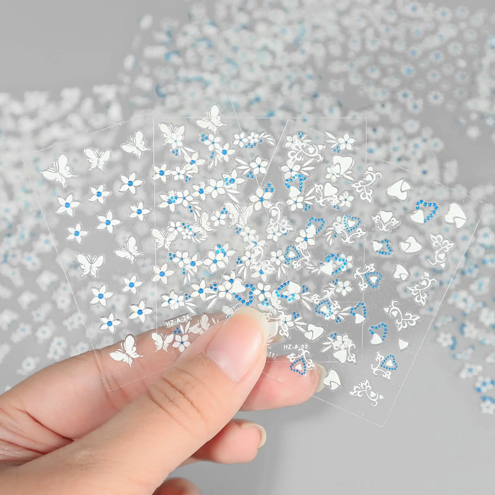 30 pieces of cross-border best-selling nail stickers with adhesive backing, self-stick, rhinestone, small blue flower, white