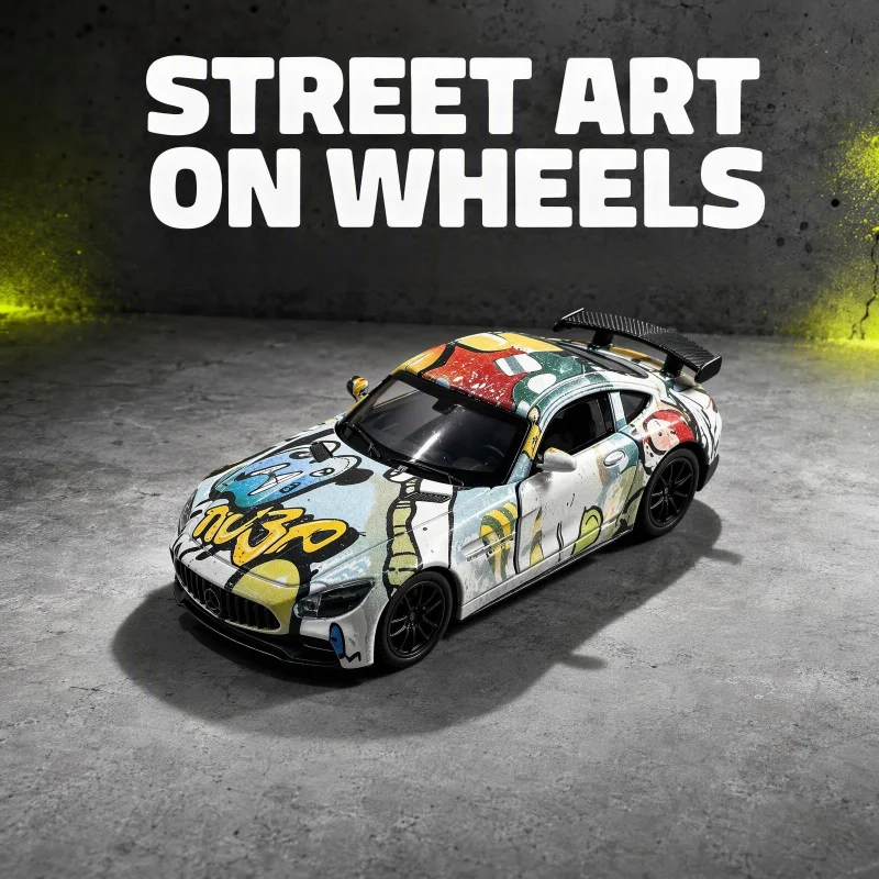 Street Graffiti Style Coupe Diecast Model Car, Alloy Static Collectible Ornament with Openable Doors & Rear Wing