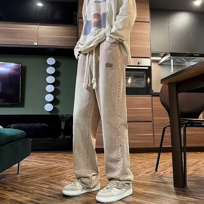 

Men's Loose Straight Leg Jeans High Waist Drawstring Elastic Waist Spring Fashionable Streetwear Casual Cotton Denim Jeans