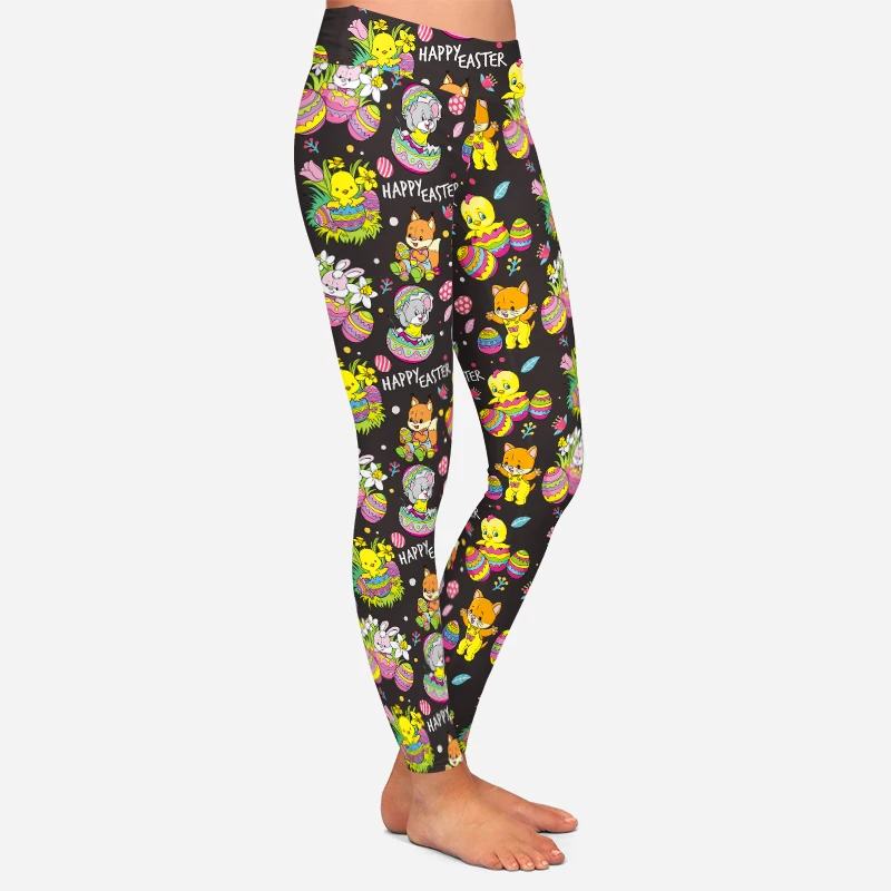 Letsfind primavera 3d feliz animais de páscoa e ovos imprimir feminino leggings elásticos de cintura alta aptidão magro leggings