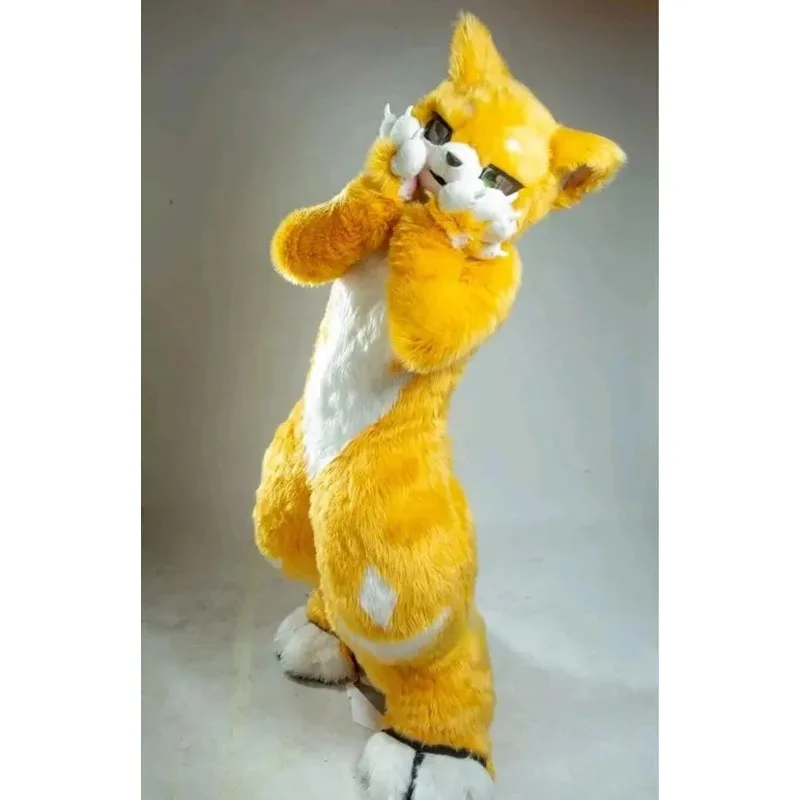 

Fursuit Halloween Cosplay Suit Yellow Long Fur Husky Dog Fox Mascot Costume Cute Japanese Feline Fursuit