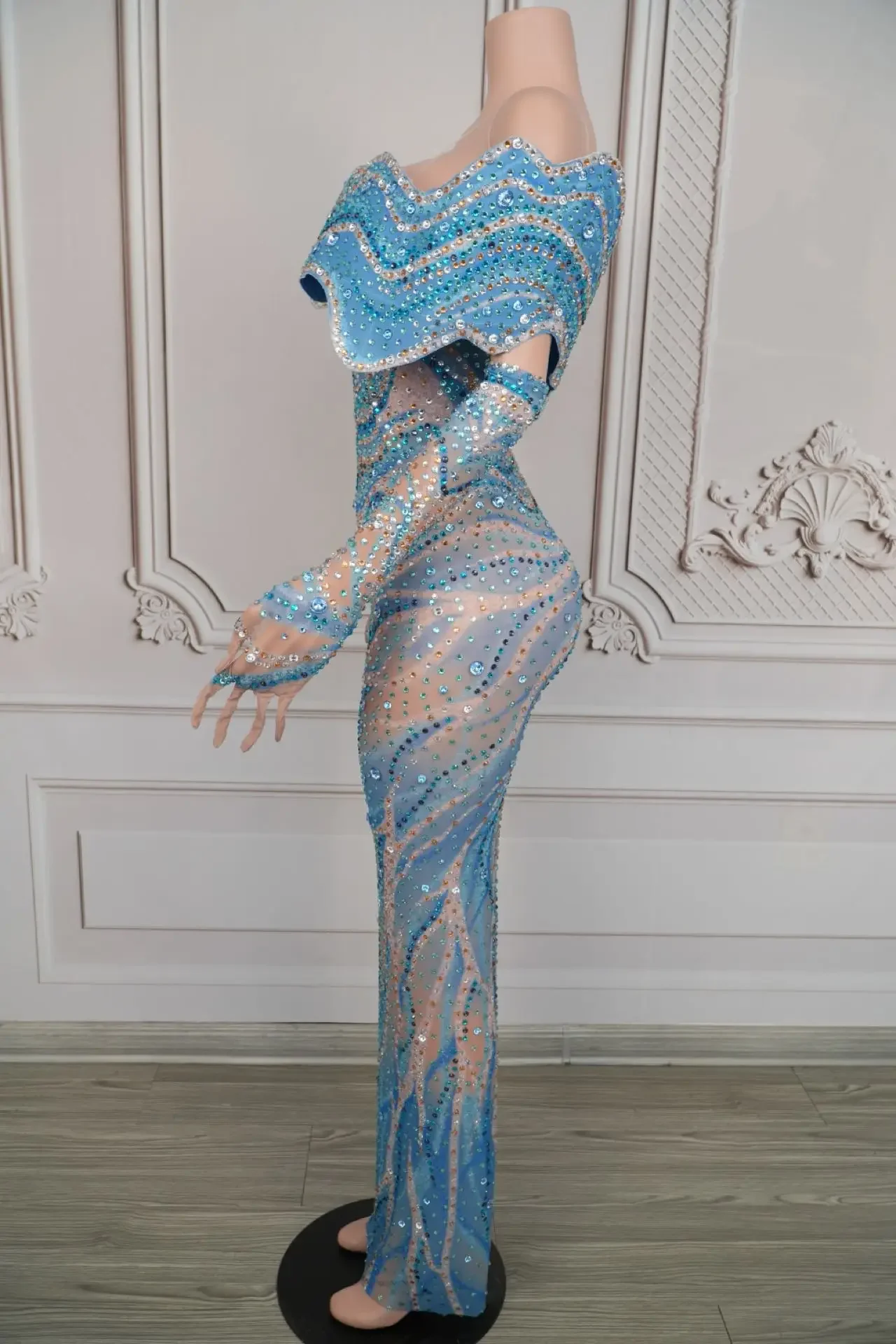 ブルーストーンイブニングドレス高級ラインストーン Eelgant マキシロングガウン手袋付き誕生日セレブパーティー写真撮影 Vestidos