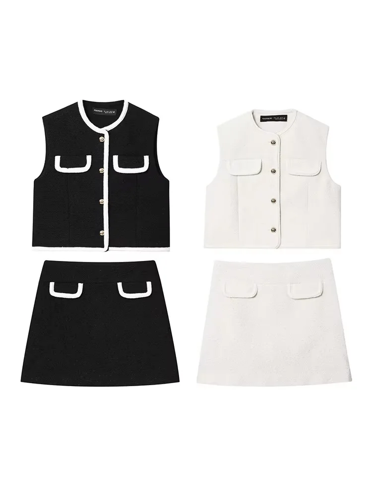 

HH Summer Women Flip Skirt Suit Chic O-Neck Sleeveless Single-breasted Waistcoat +Fashion Slim Solid Side Zipper Mini Skirt