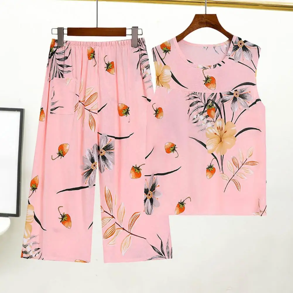 Women Loungewear Flower Print Women's Vest Pants Set for Mid-aged Mothers Casual Homewear Pajamas with Loose Pleated Design