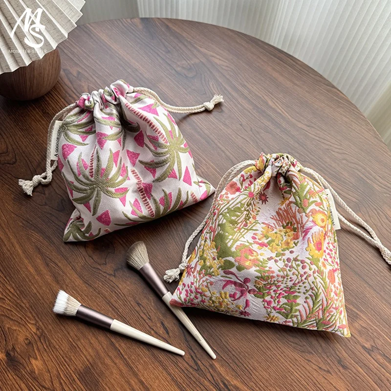 

1Pc Trendy Print Aesthetic Travel Makeup Bag Holiday Style Coconut Tree or Flower Pattern Drawstring Makeup Organizers