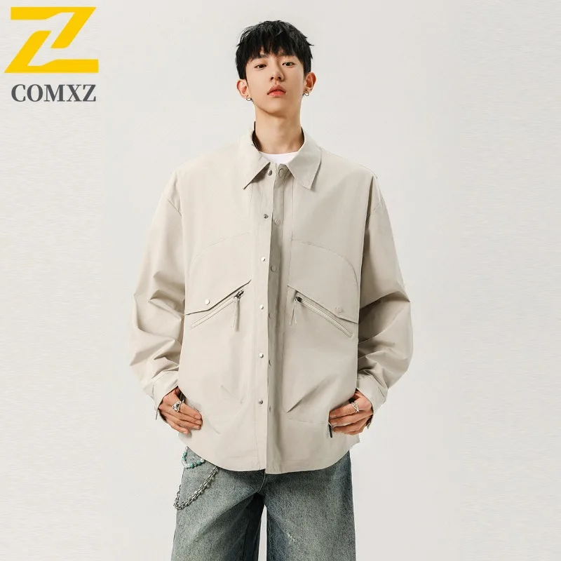 

COMXZ 2025 Men New Big Size Jacket Hooded Loose Fit Workwear Trendy Outdoor Plus Size Windbreaker Stand Collar Big Pocket Coat