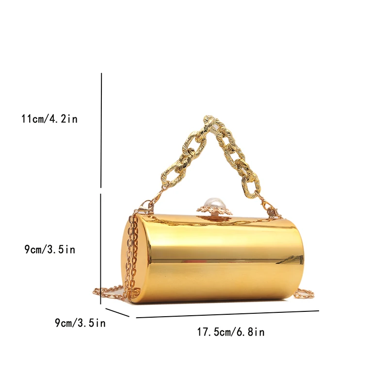 Cylinder Bag Evening Party Clutch Women\'s Golden Bag Cute Top Handle Bag Female Crossbody Sling Purse with Chain for Cocktail