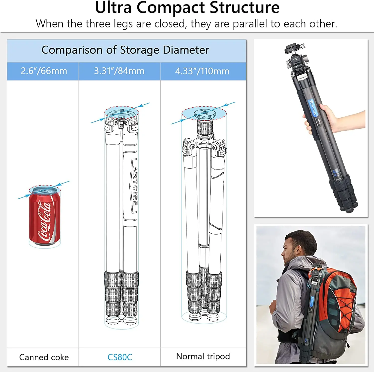 Koolstofvezel Statief Voor Camera Mobiele Telefoon Monopod Professionele Camera Statief Stand 32Mm Beenbuis Ondersteuning Voor Mobiele Telefoon Cs80c