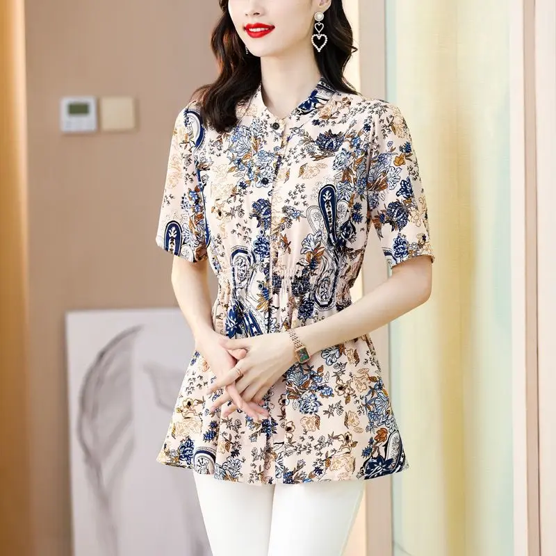 French Style Vintage Printed Midi Blouse Stylish Shirring Waist Office Lady Single-breasted O-Neck Summer Short Sleeve Shirt New