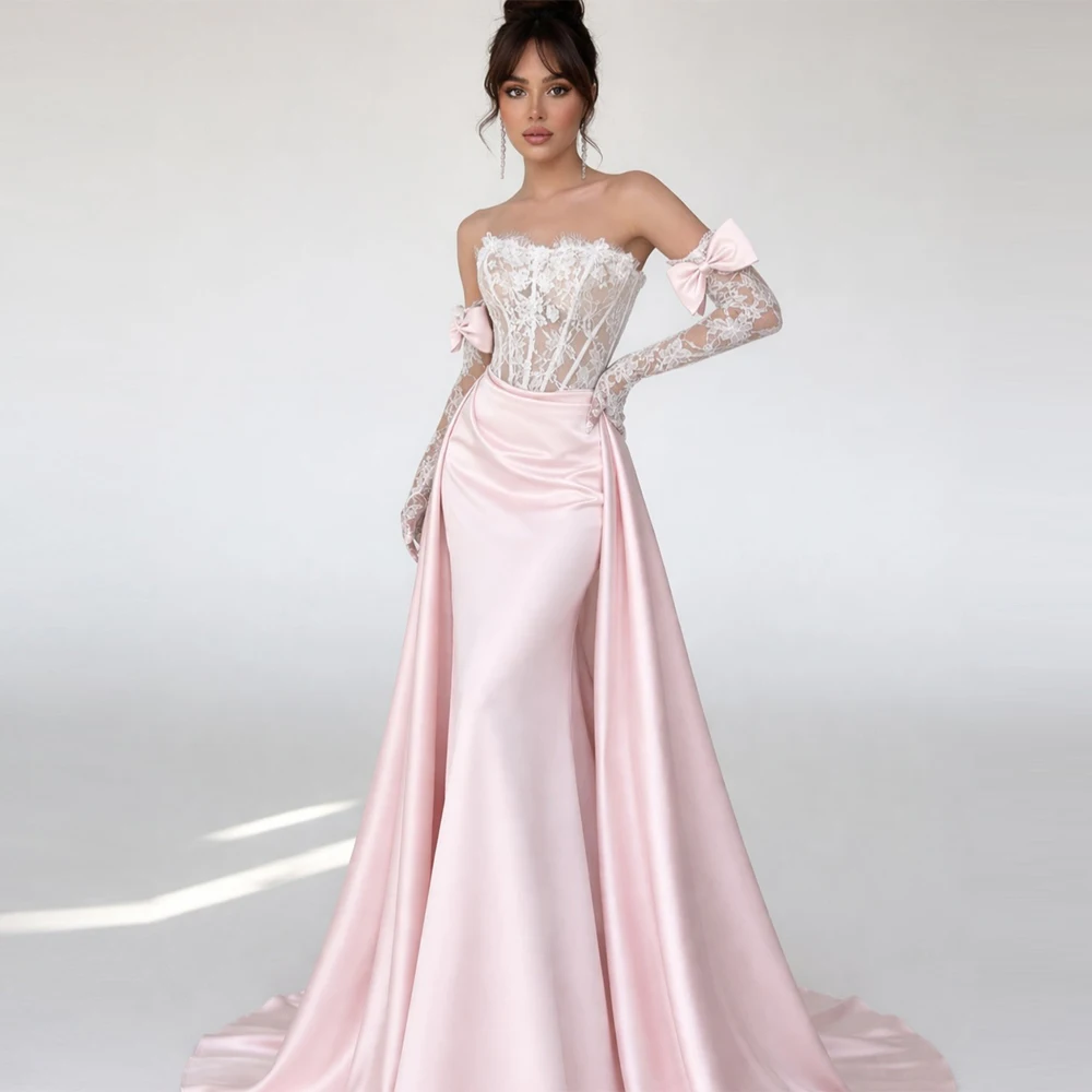 

Pink Mermaid Detachable Sleeve Evening Dress Customized Delicate Lace and Bow Special Occasion Gowns Sweep Train Prom Dress
