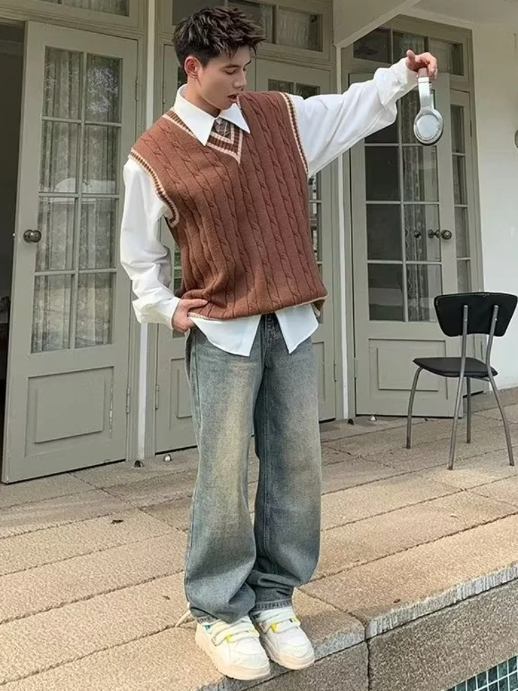 Sweater Vest Men American Retro Baggy Youthful Popular Sleeveless Simple Preppy Style Handsome Harajuku Males Knitting Autumn