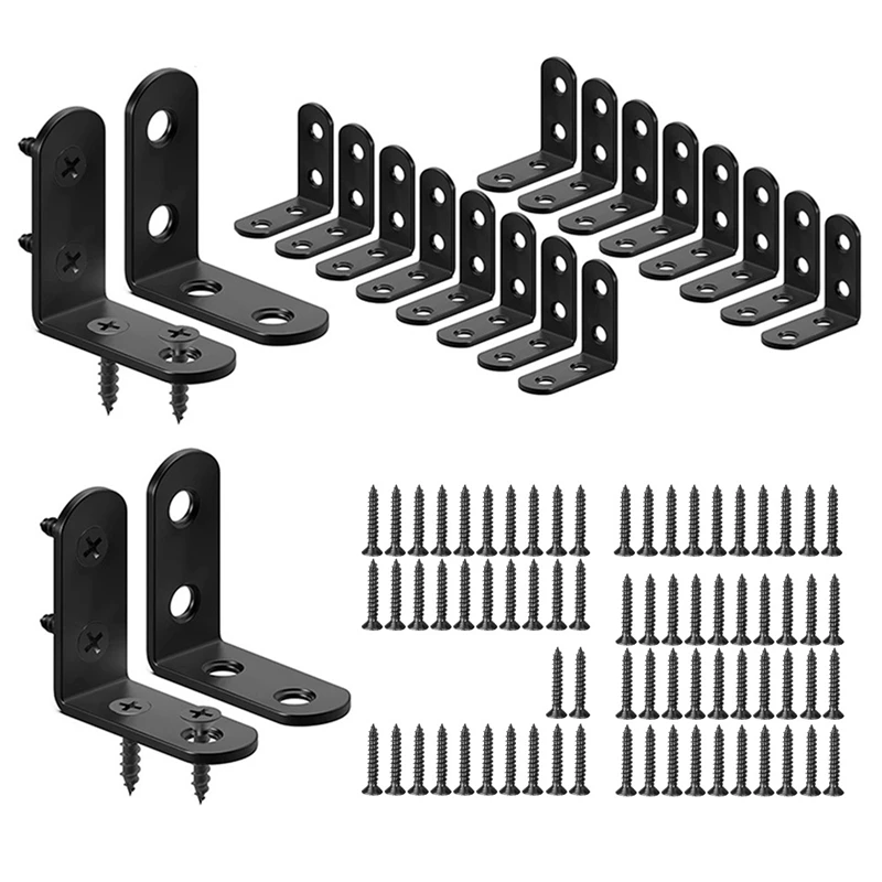 Support d'angle en L AB47-20PCS, supports en L en acier pour étagères, attelle d'angle en métal pour armoire de meubles en bois noir