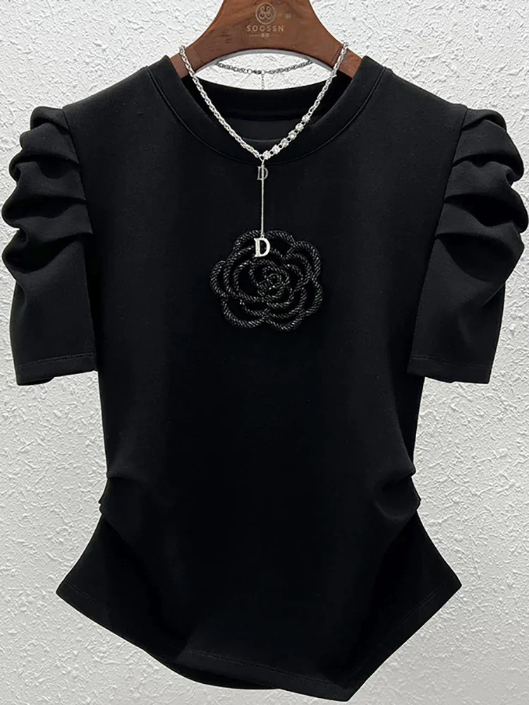 Summer Round Neck Short-sleeved T-shirt Female Camellia Irregular French Bubble Sleeve Pleated Cotton Thin Tops Gothic