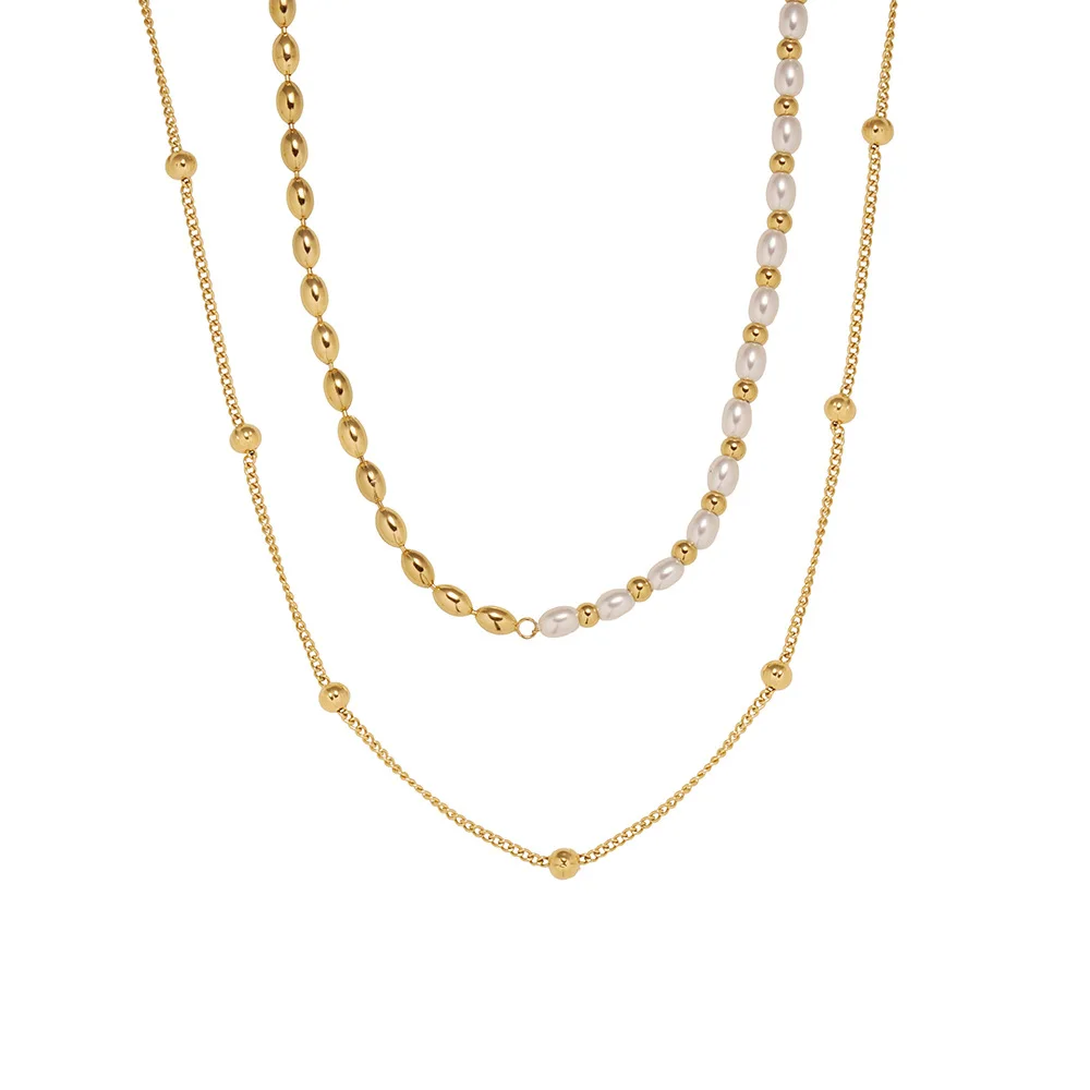 Stylish Layered Chain Stainless Steel Necklace 18K Gold Plated Texture Waterproof Trendy Korean Imitation Pearl Chain Jewelry