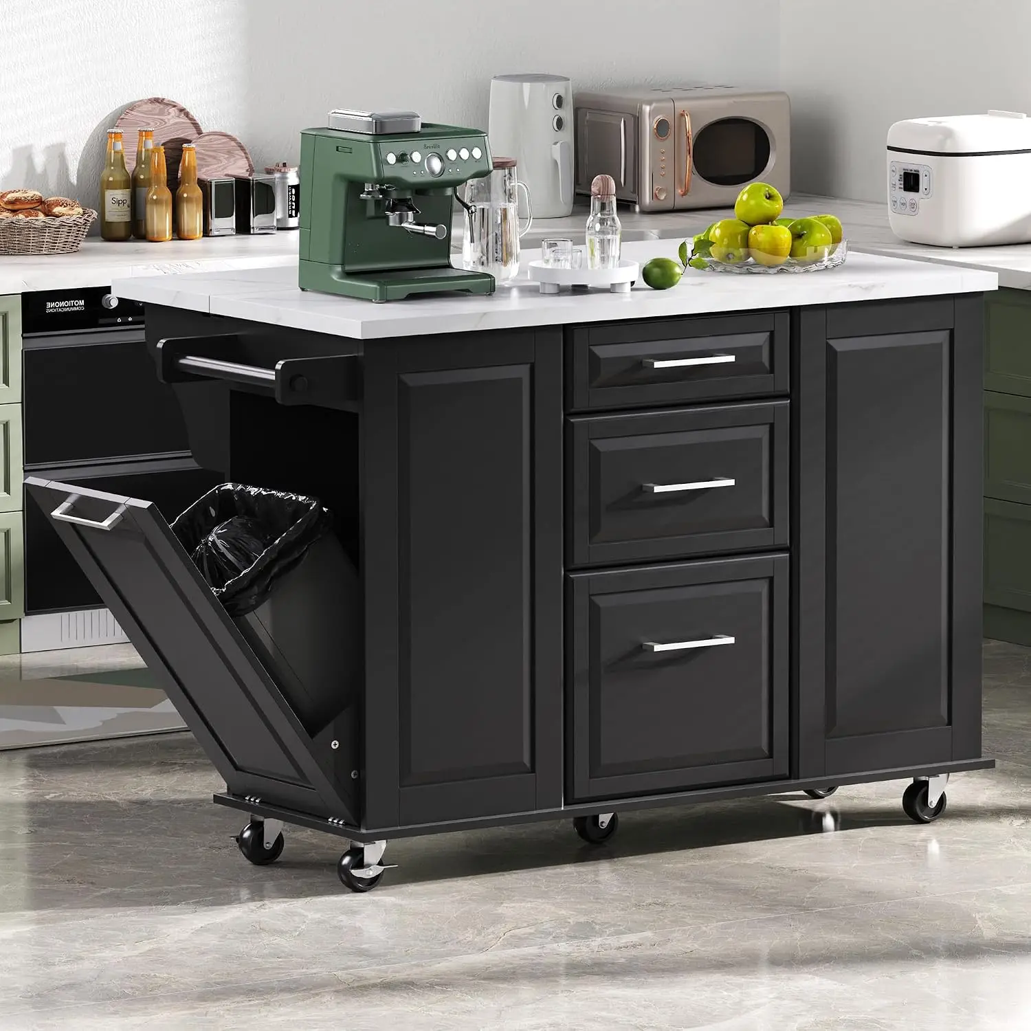 Kitchen Island Cabinet Marble Top Cart Wheels Drop Leaf Spice Towel Rack Shelf Trash Storage Dining Room, Customized