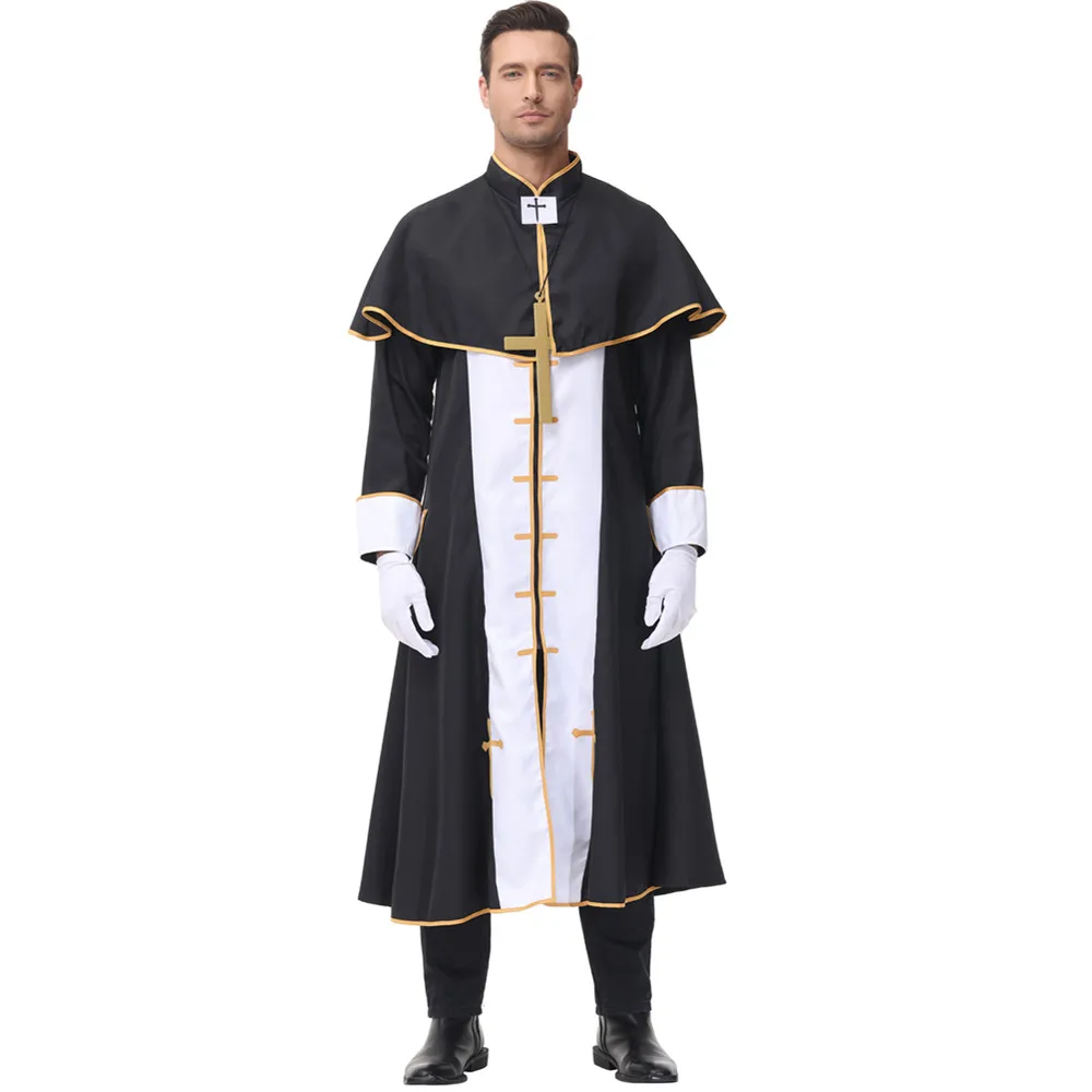 Sacerdote de Halloween Fantasias de Cosplay Homem, Medieval, Pastor, Fantasia, Fantasia de Palco, Xale Preto, Robe, Pastor