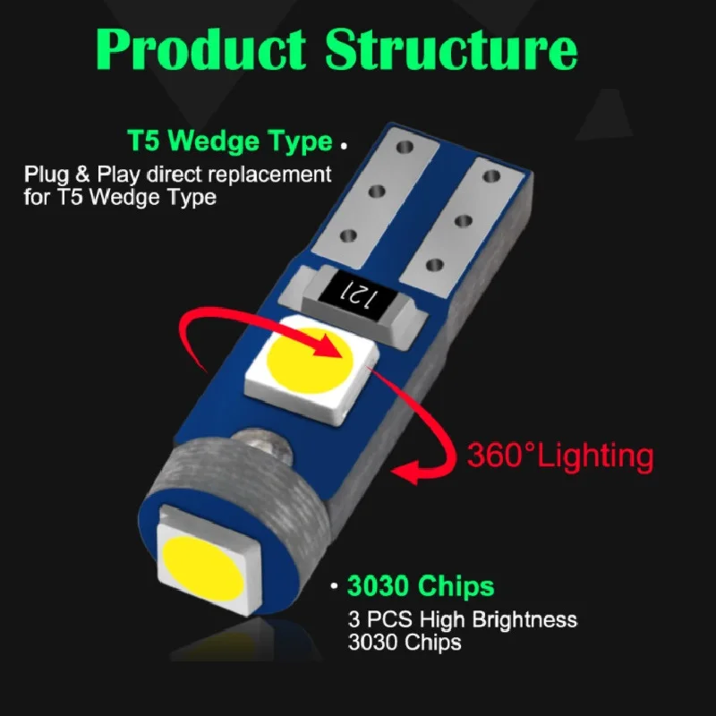 หลอดไฟ LED สำหรับรถยนต์ T5 W1.2w 27 74 86 206 3smd ไฟหน้าปัดรถ