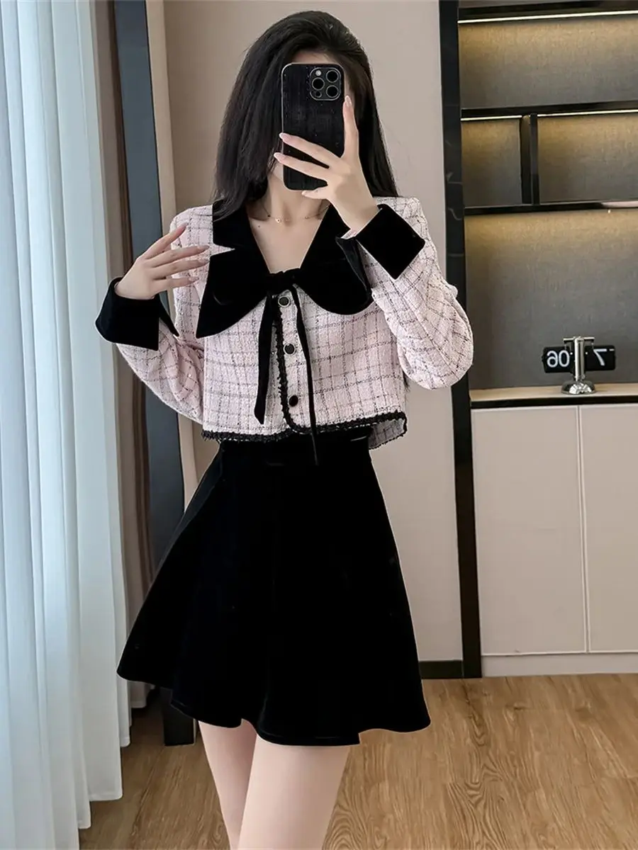 

High Quality Fashion Pink Plaid Tweed Two Piece Set Women Short Jacket Coat + Velvet Mini Skirts Sets Sweet Pink 2 Piece Suits