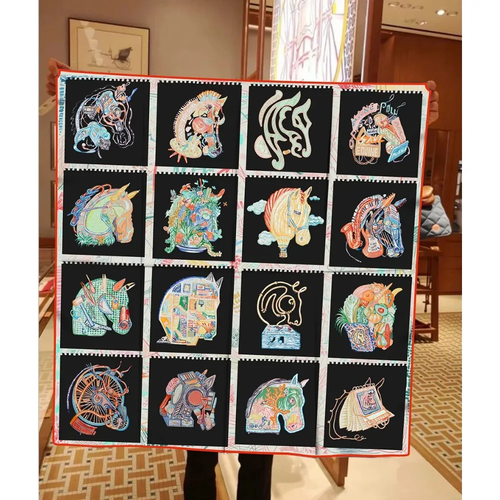 90Cm Twill New Horse Prism Women\'s Decorative Shawl Large Square Scarf Headscarf Scarf Frame Painting Silk Scarf Wholesale