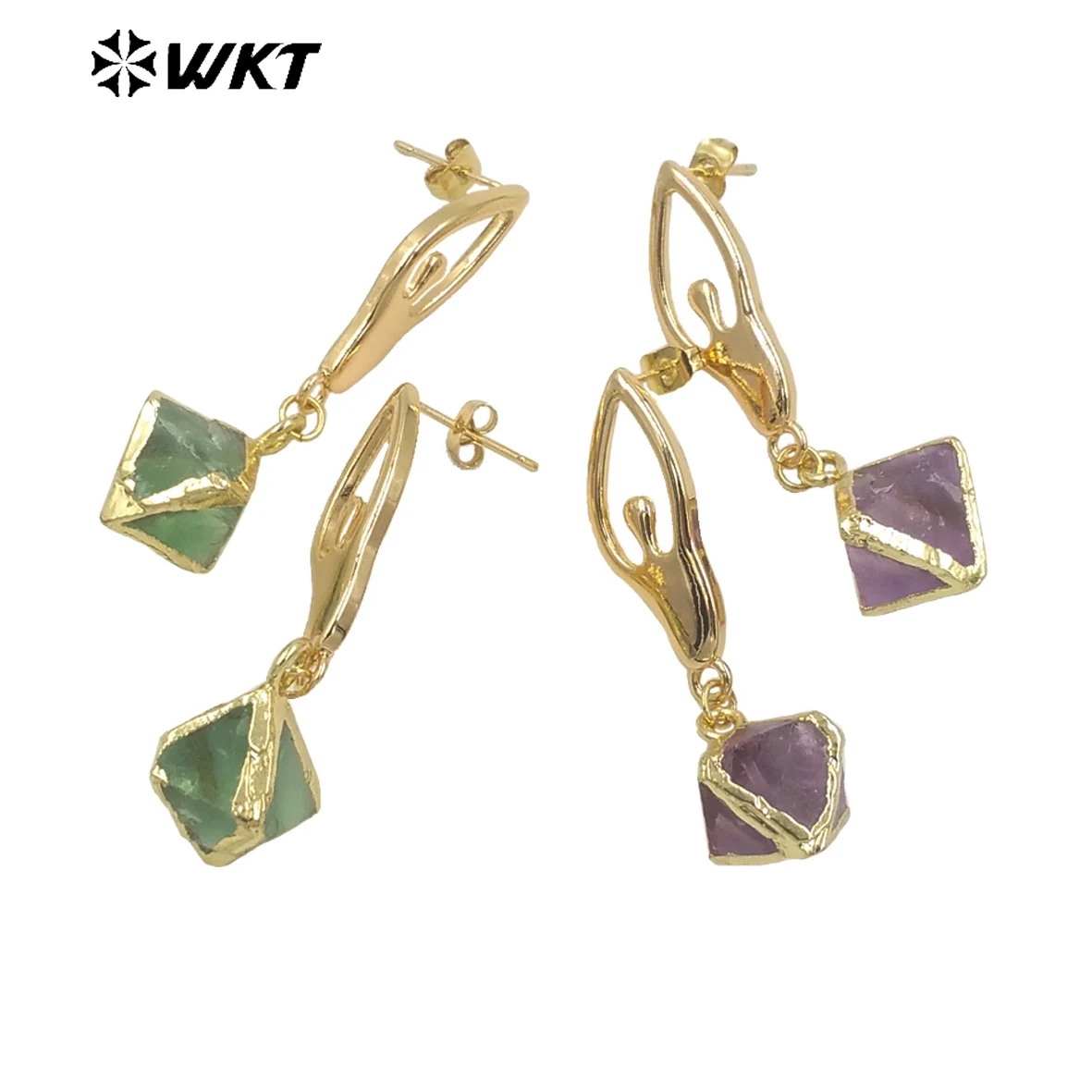 

WT-E664 Wholesale Handmake Raw Rainbow Fluorite Earrings Gold Trim Natural Stone Earrings Diamond Cut Green Stone Purple Stone