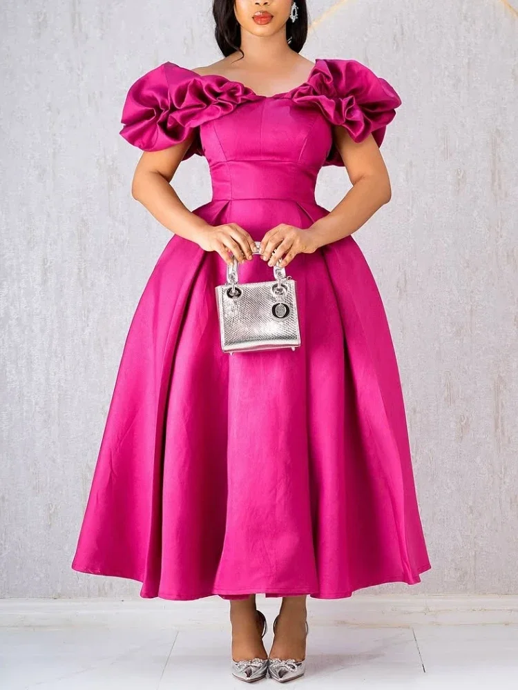 Vestidos acampanados con hombros descubiertos para mujer, cuello oblicuo, pliegues, cintura alta, moda femenina, elegante, fiesta nocturna, cita, vestidos largos de noche