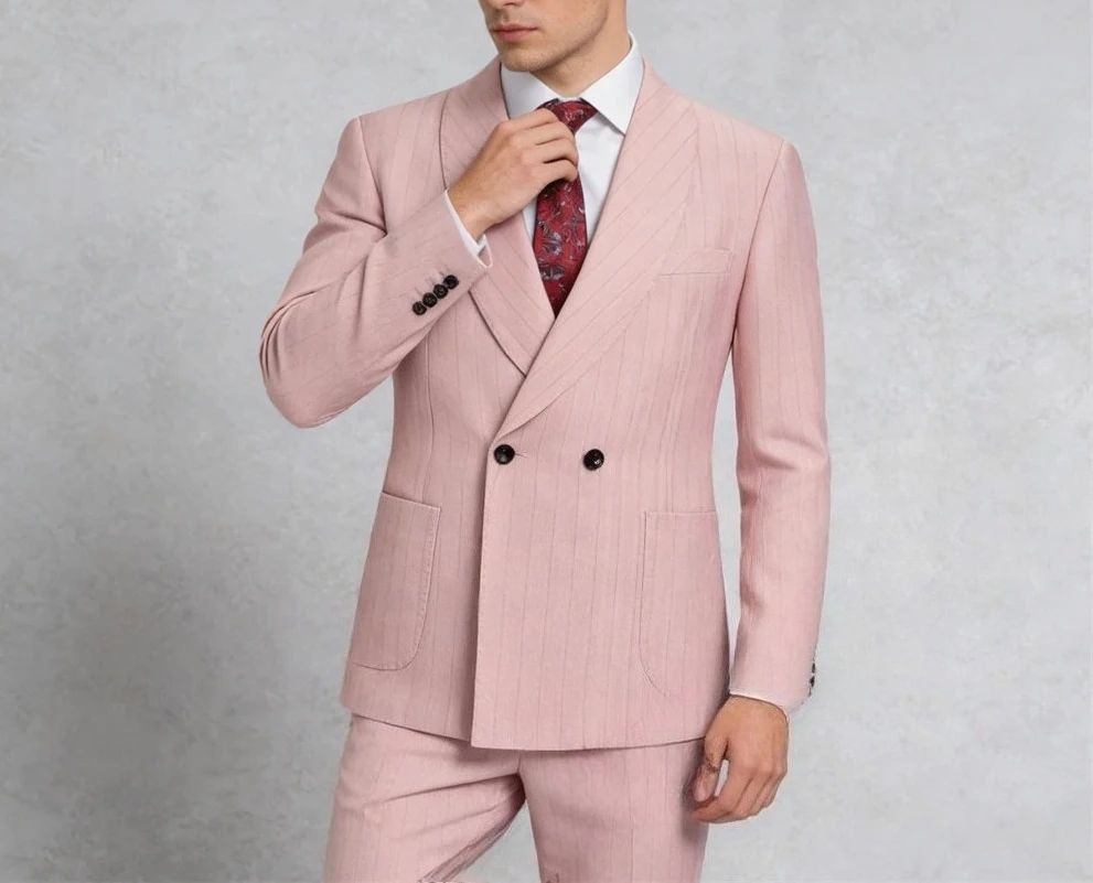 

2026 Pink Striped Suit for Men, Slim Fitting Business Suit Tuxedo Including Jacket Pants Wedding Groom Suits Attire 2 pieces