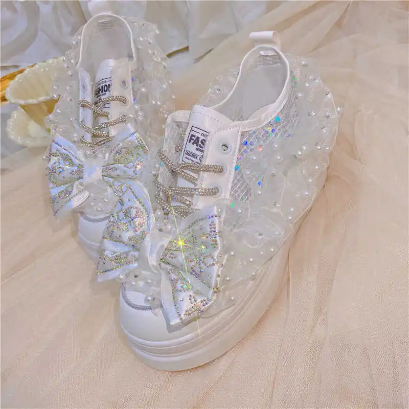 Summer Breathable Lace Single Shoes Water Diamond Bow Sweet Little White Shoes