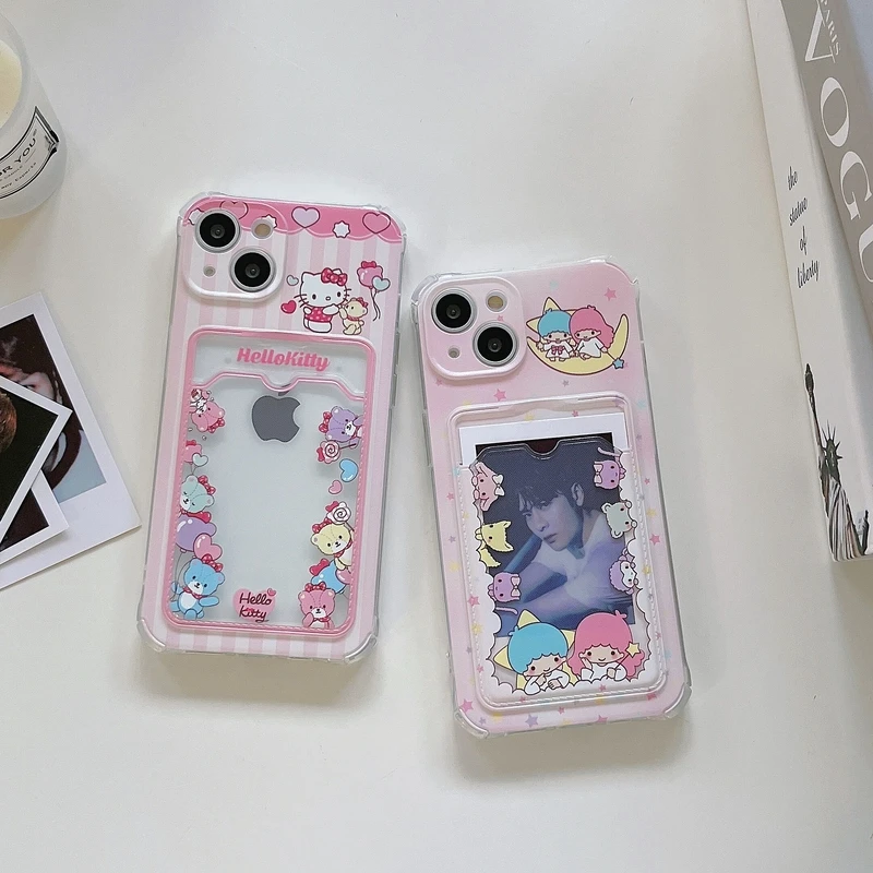 Cute Cartoon Sanrio Hello Kitty Transparent Phone Case For iPhone 15 Pro 14 13 12 11 Pro Max Soft Tpu Wallet Cover Card Holder