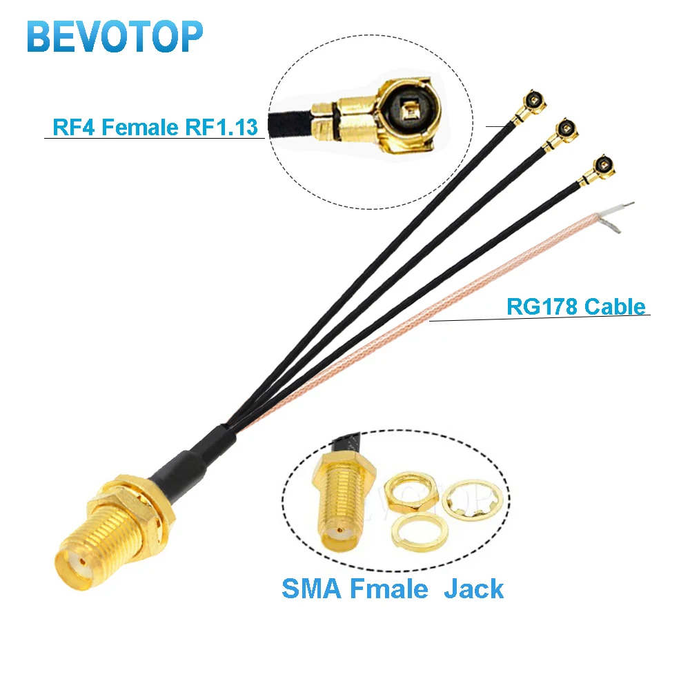 10PCS SMA Female to 3*MHF4 1.13 Cable +1*RG178 Cable Connector RF Coax Pigtail Antenna Extension Jumper RG178 SMA to IPX Cable