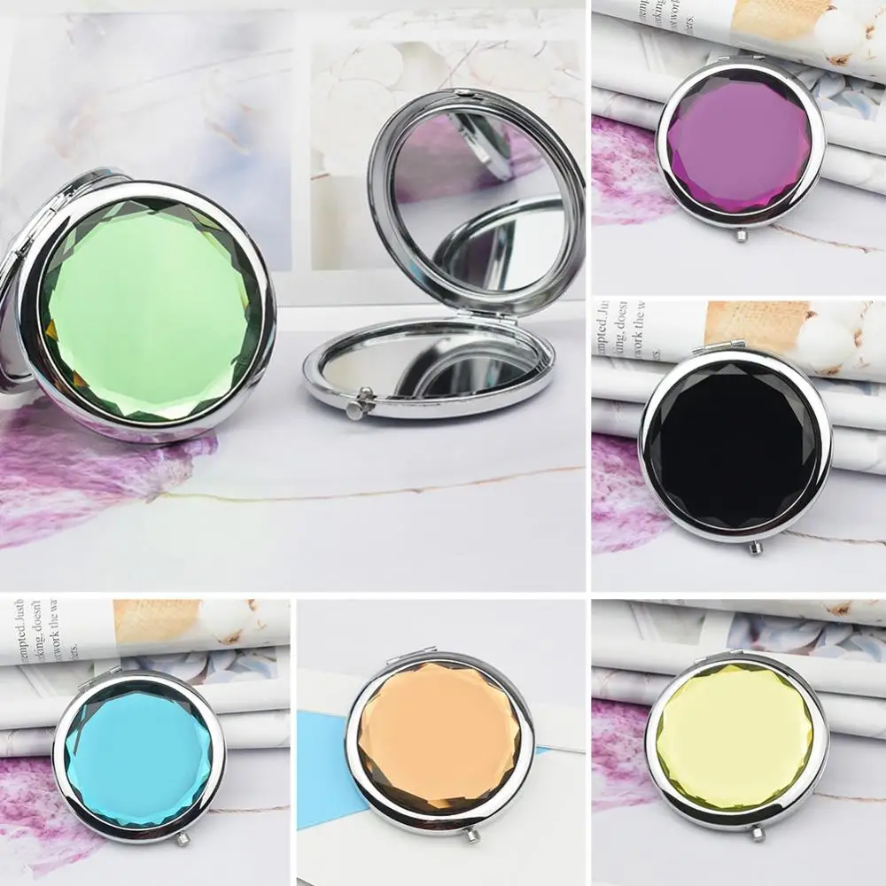 Makeup Mirror Round Mini Portable Women Double Sided Folding Faux Crystal Pocket Makeup Mirror