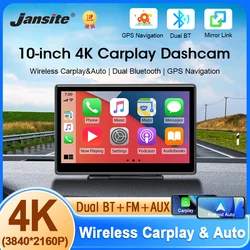 Jansite 10 Inch 4K DVR Dashcam Wireless Carplay Android Auto Smart Carplay Screen AUX FM Bluetooth Dual Lens Driving Recorder