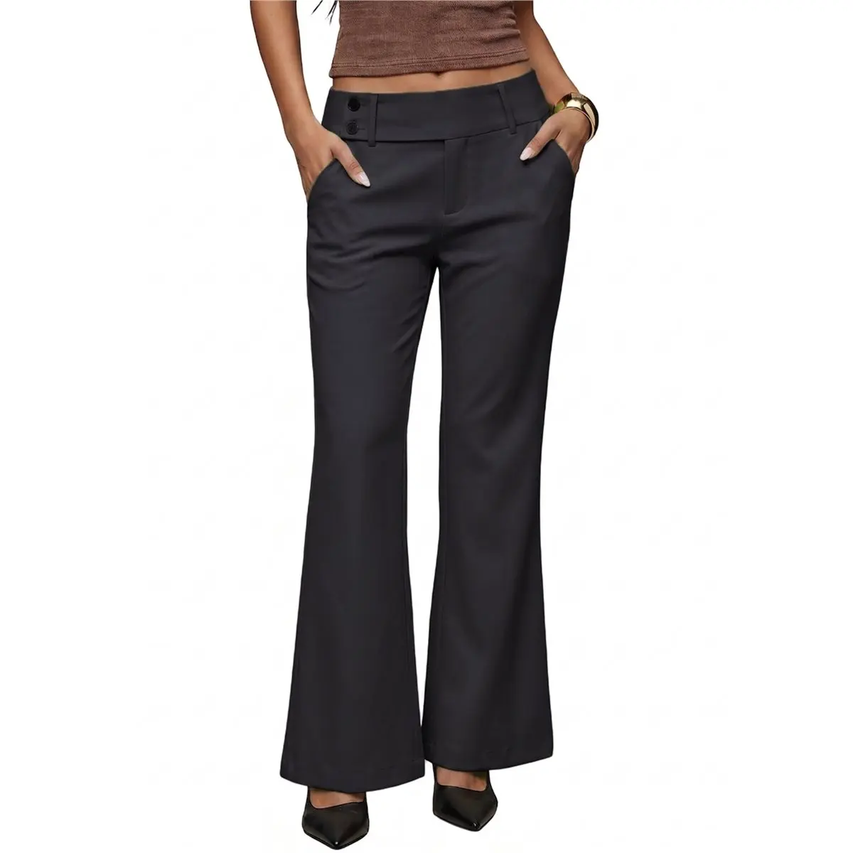 ✱Pants for Women Low Waist Wide Leg Solid Color Slacks Work Dress Casual Trousers with Pockets Dark Gray S
