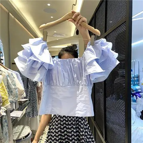 Neploe Korea Sweet Gentle Blusas 2024 Summer New Ruffle Fashion High Waist Short Shirt Femme Square Neck Puff Sleeve Blouses