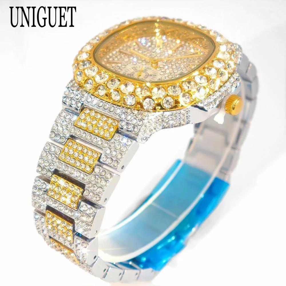 2024 Fashion Big Diamond Watches Men Brand UNIGUET Luxury Steel Hip Hop Man Bling Bling Jewelry Quartz Wristwatch Gift Hot Sell