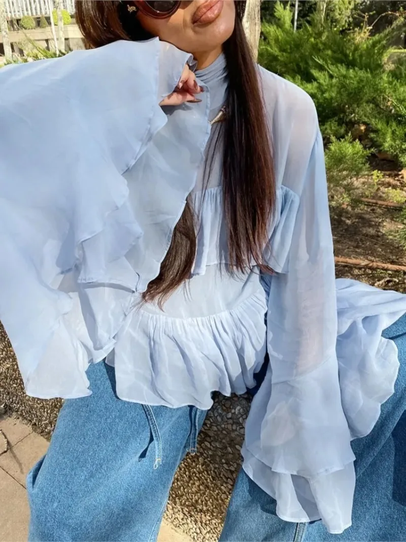 Blue Shirt Women Elegant Chic High Neck Ruffle Edge Trumpet Sleeves Blouse 2025 New Summer Spring Solid Fashion casual Shirts