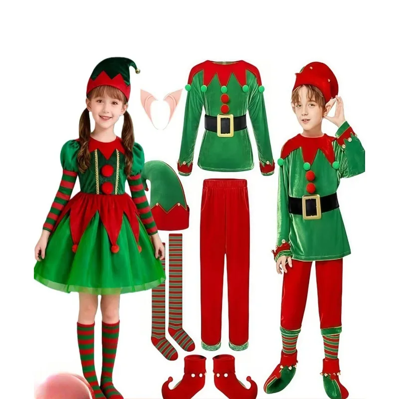 New Christmas Cosplay Costume Green Elf Long Sleeved Dress Accessories Suit Holiday Theme Party Role Playing Outfits for Girls