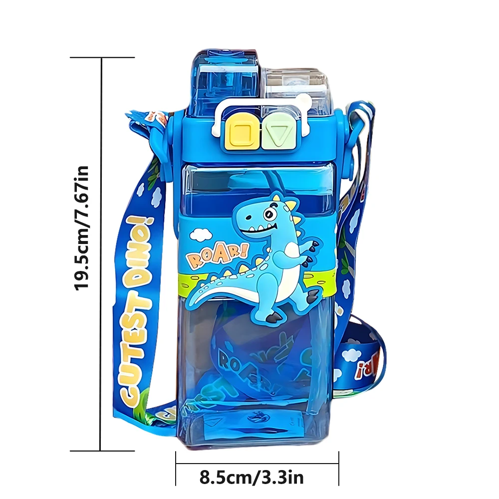 520ML Cute Children\'s Water Bottle Portable Kids Unicorn Dinosaur Plastic Bottle for School Student Double Drinking Straw Bottle