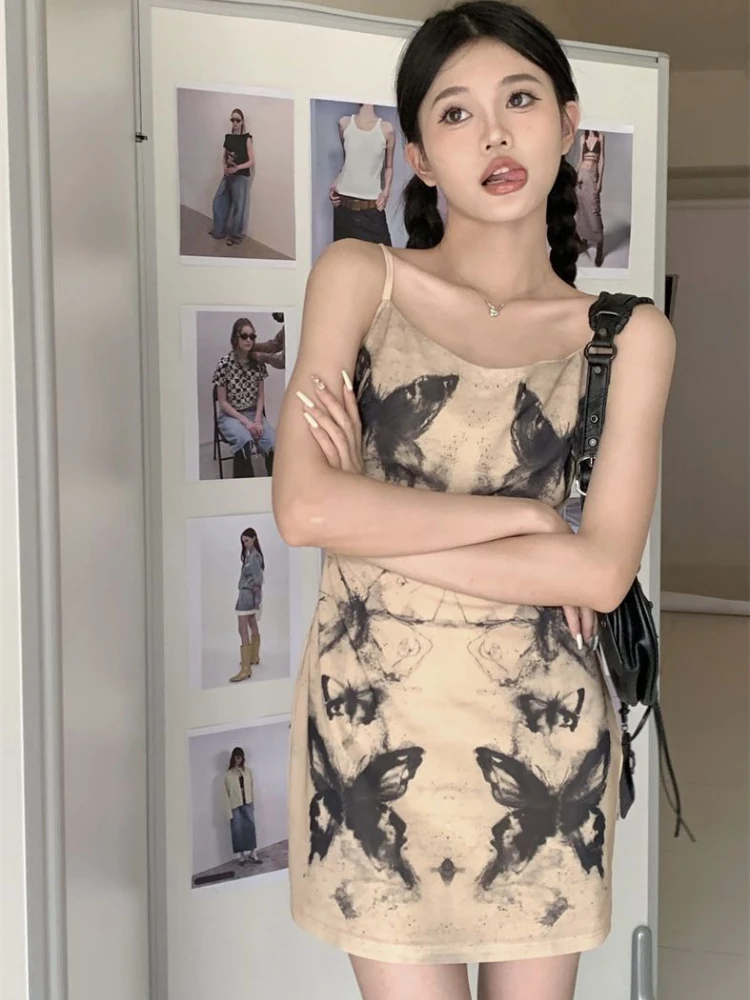 여성을위한 우아한 빈티지 인쇄 캐미솔 드레스 2025 여름 새 조끼 드레스 Y2k 슬림 피트 Bodycon Vestidos De Mujer