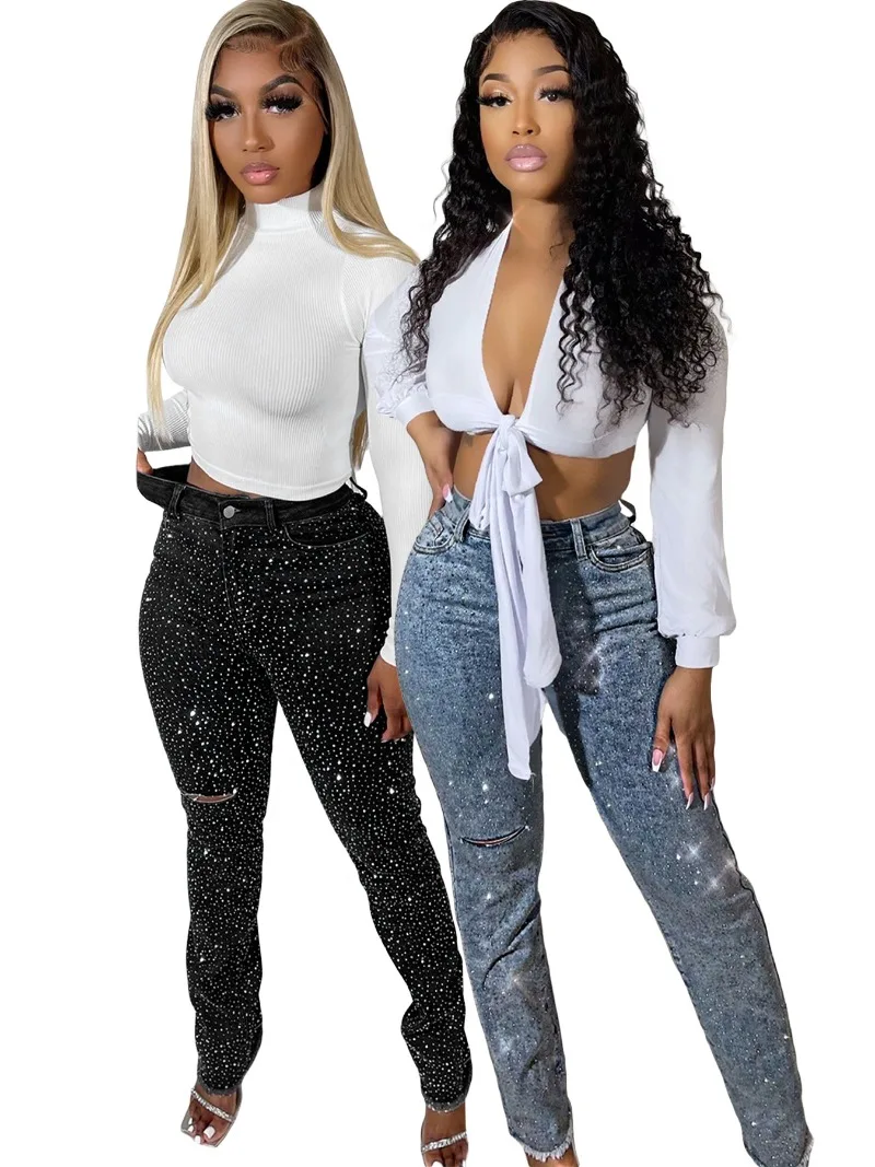 

Джинсовые брюки-карандаш с блестками и бриллиантами, подол с кисточками, женская мода, тонкие повседневные джинсы с высокой талией и пуговицами, уличная одежда