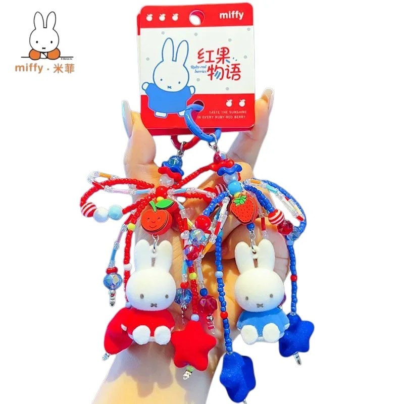 

Miffy Cute Cartoon Creative Fashion Doll Keychain with Red Fruit and Embroidered Bow Kawaii Couple Best Friend Hanging Gift