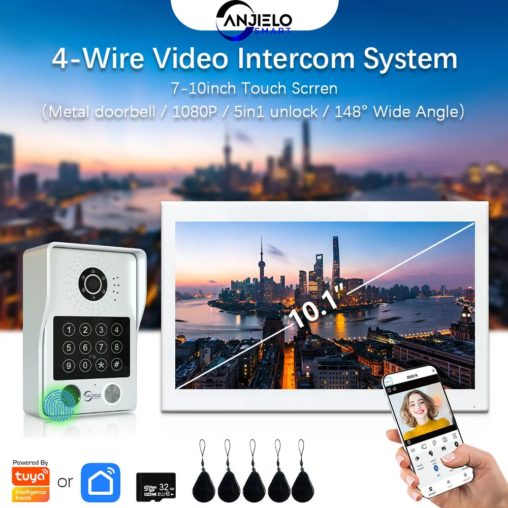 

ANJIELO Fingerprint 5in1 Unlock Tuya Smart Visual Phone Video Intercom System Video Doorbell Camera with Motion Detector 1080P