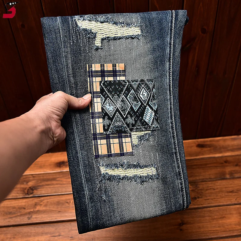 Jeans Men's Hole & Patch Embroidered Slim Casual Autumn and Winter Fashion Haulage Motor Denim Trousers