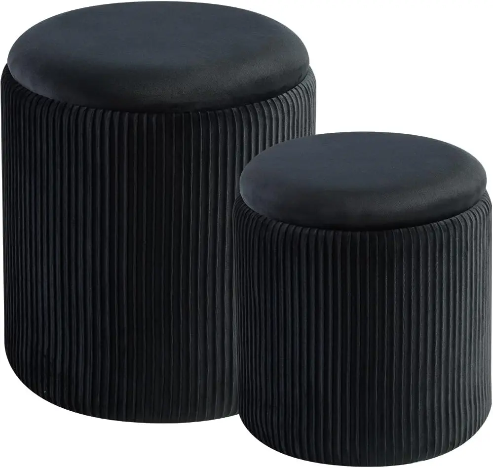 

Round Set of 2 Ottoman with Storage-Upholstered Velvet Vanity Stool for Makeup Multifunctional Ottomans