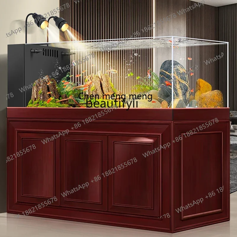 New arrive Chinese stream tank mahogany fish tank large full set of bottom filter ultra-white glass ecological water-free grass